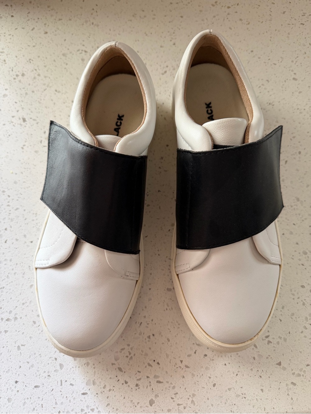ALL BLACK Womens White Black Leather Slip On Sneakers Size 36 / 6 Flap Strap